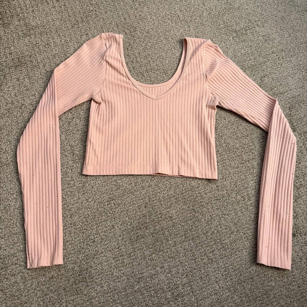 Pink Ribbed Long Sleeve Crop Top